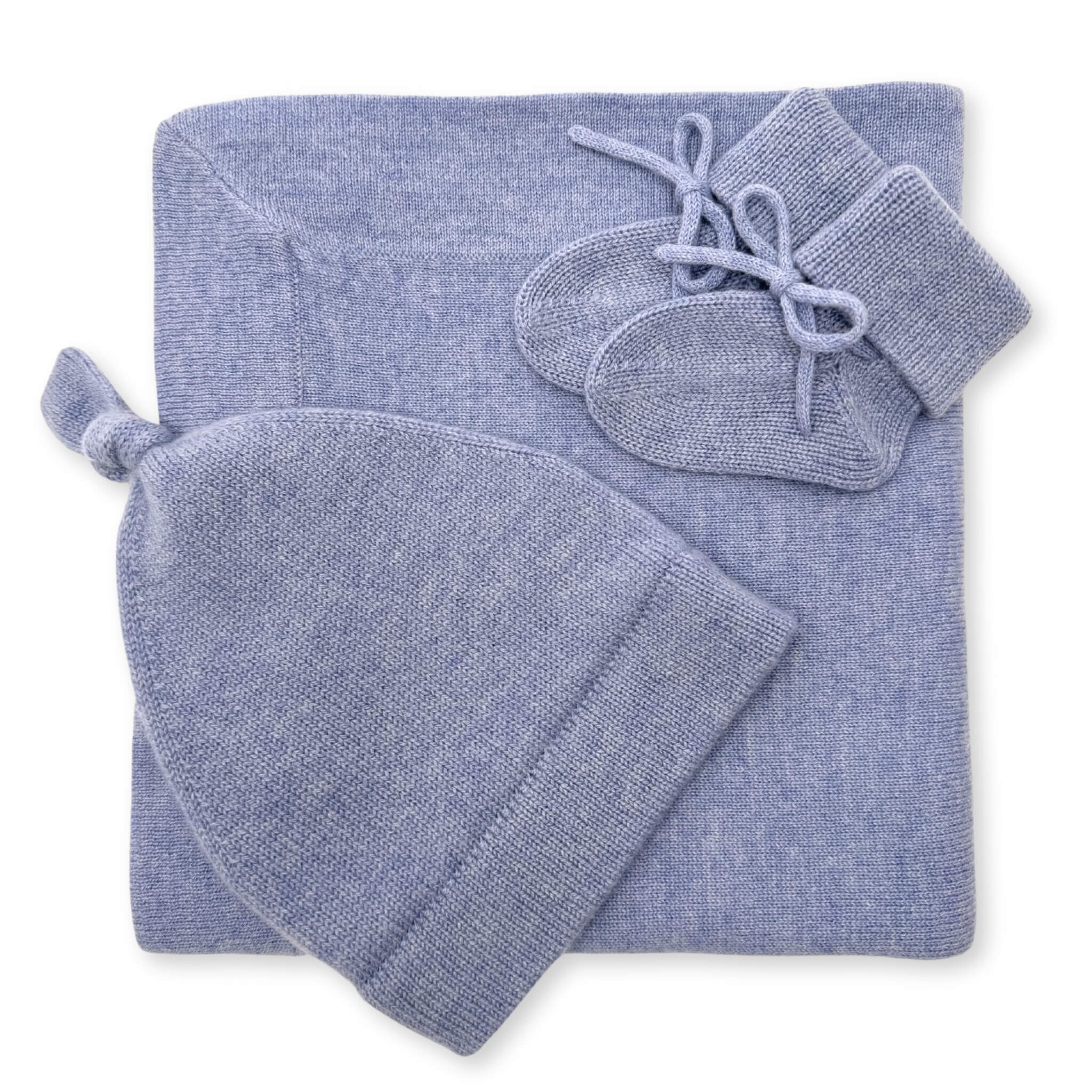 Cashmere baby gift set in blue with blanket, beanie, and booties