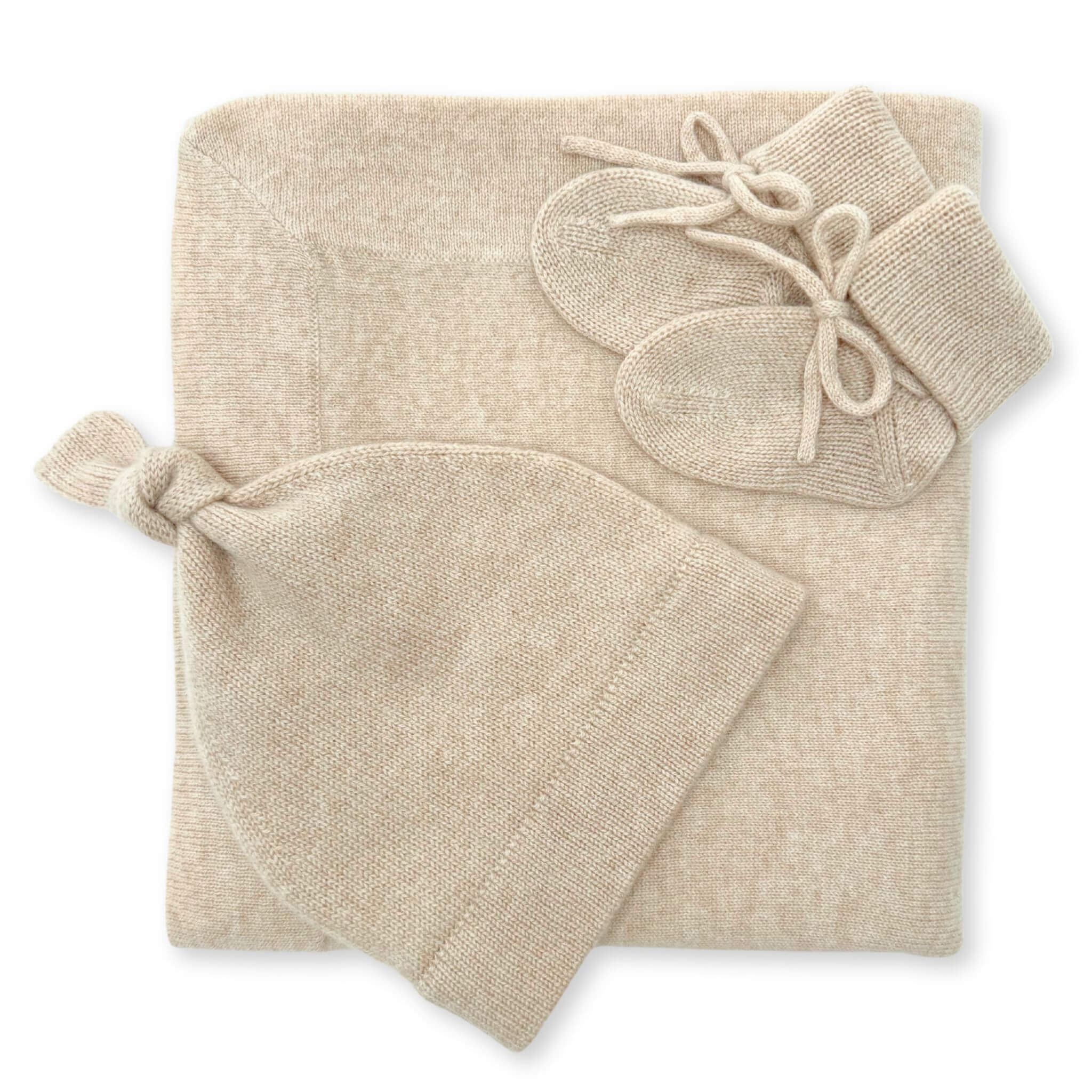 Cashmere baby gift set in light brown with blanket, beanie, and booties