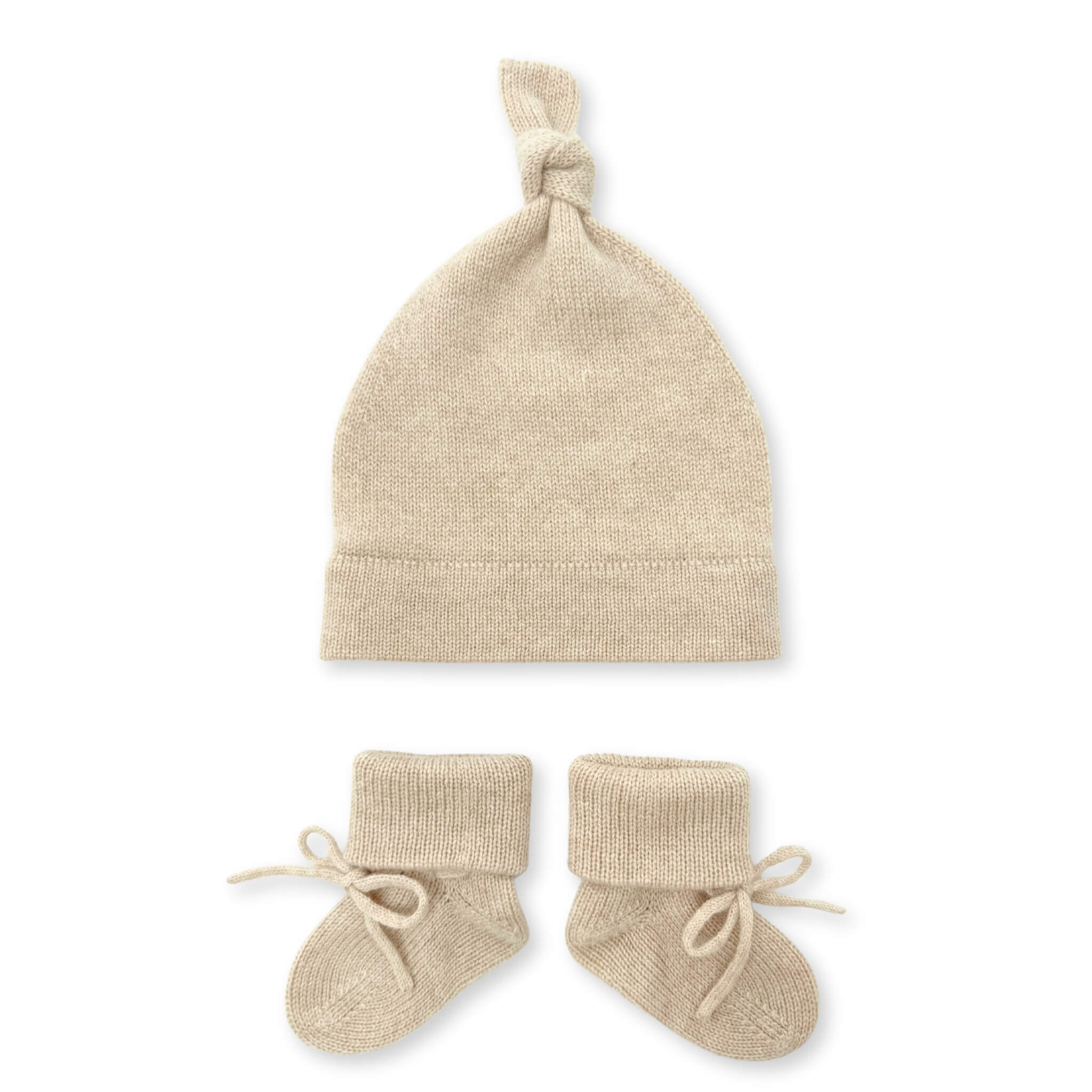 Cashmere baby beanie and booties in light brown