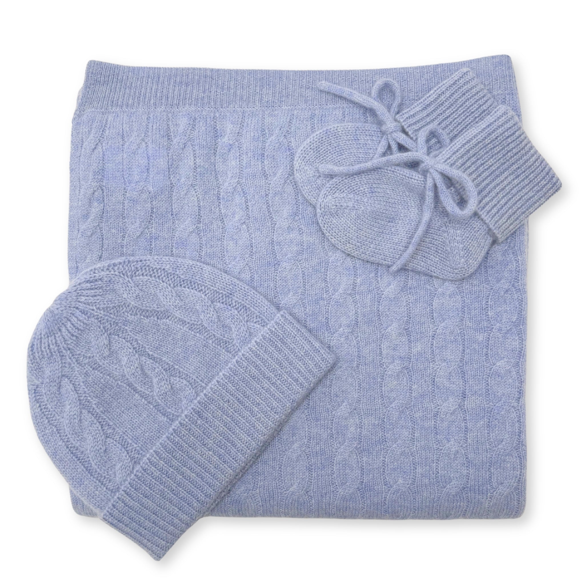 'Classic Adventures' Cable Knit Cashmere Baby Blanket, Beanie & Booties Gift Set (Blue)