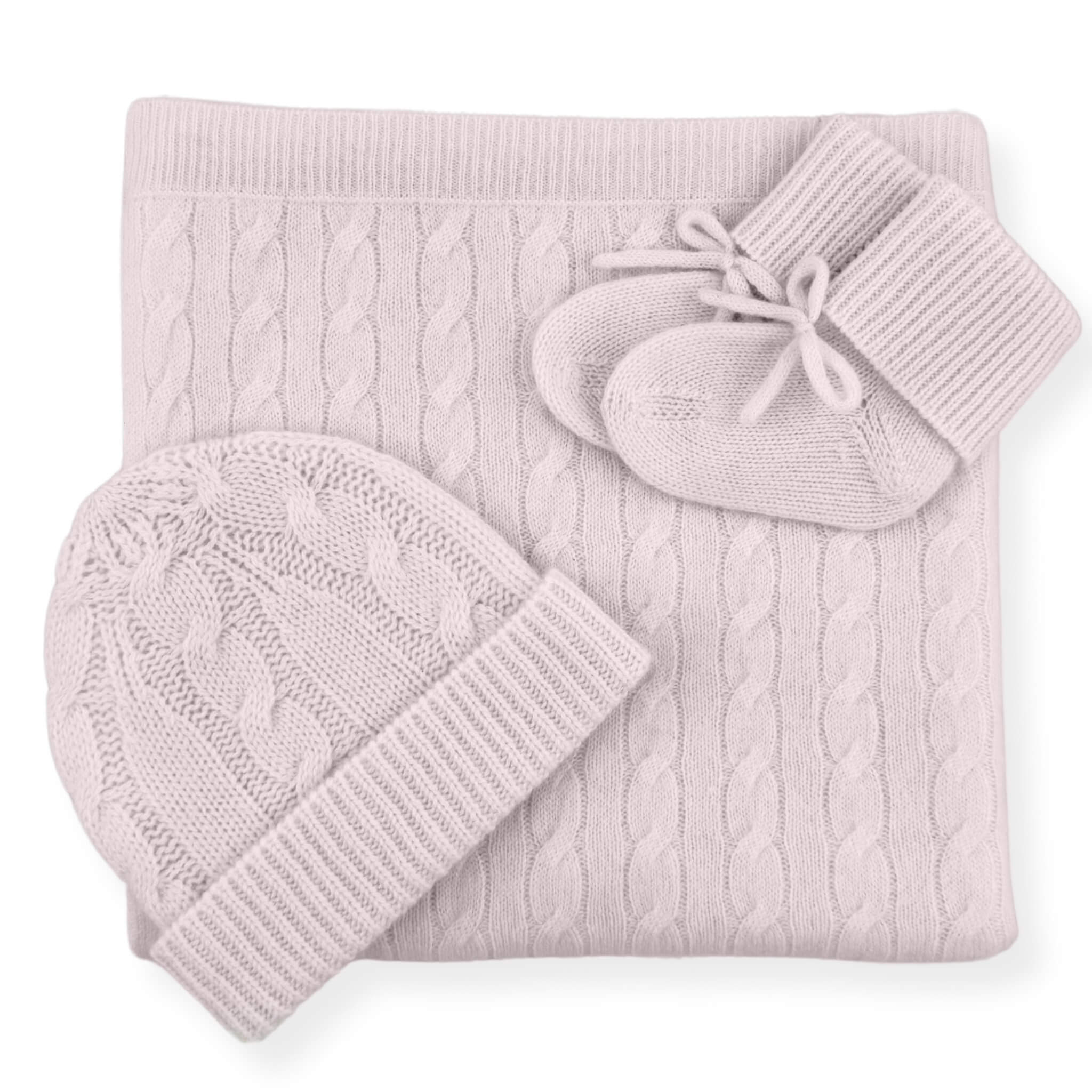 Cashmere cable knit baby gift set in pink with blanket, beanie, and booties
