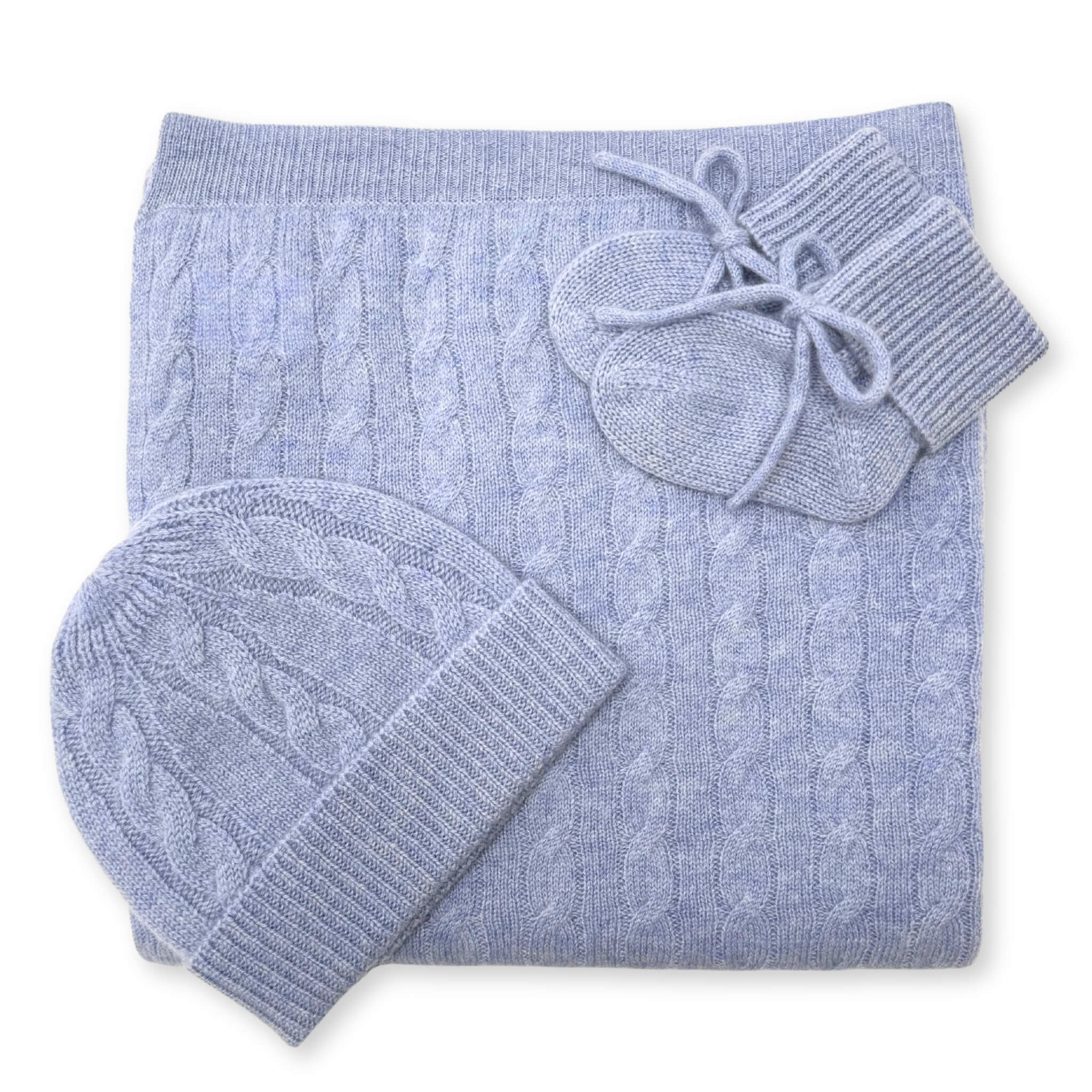 Cashmere cable knit baby gift set in blue with blanket, beanie, and booties